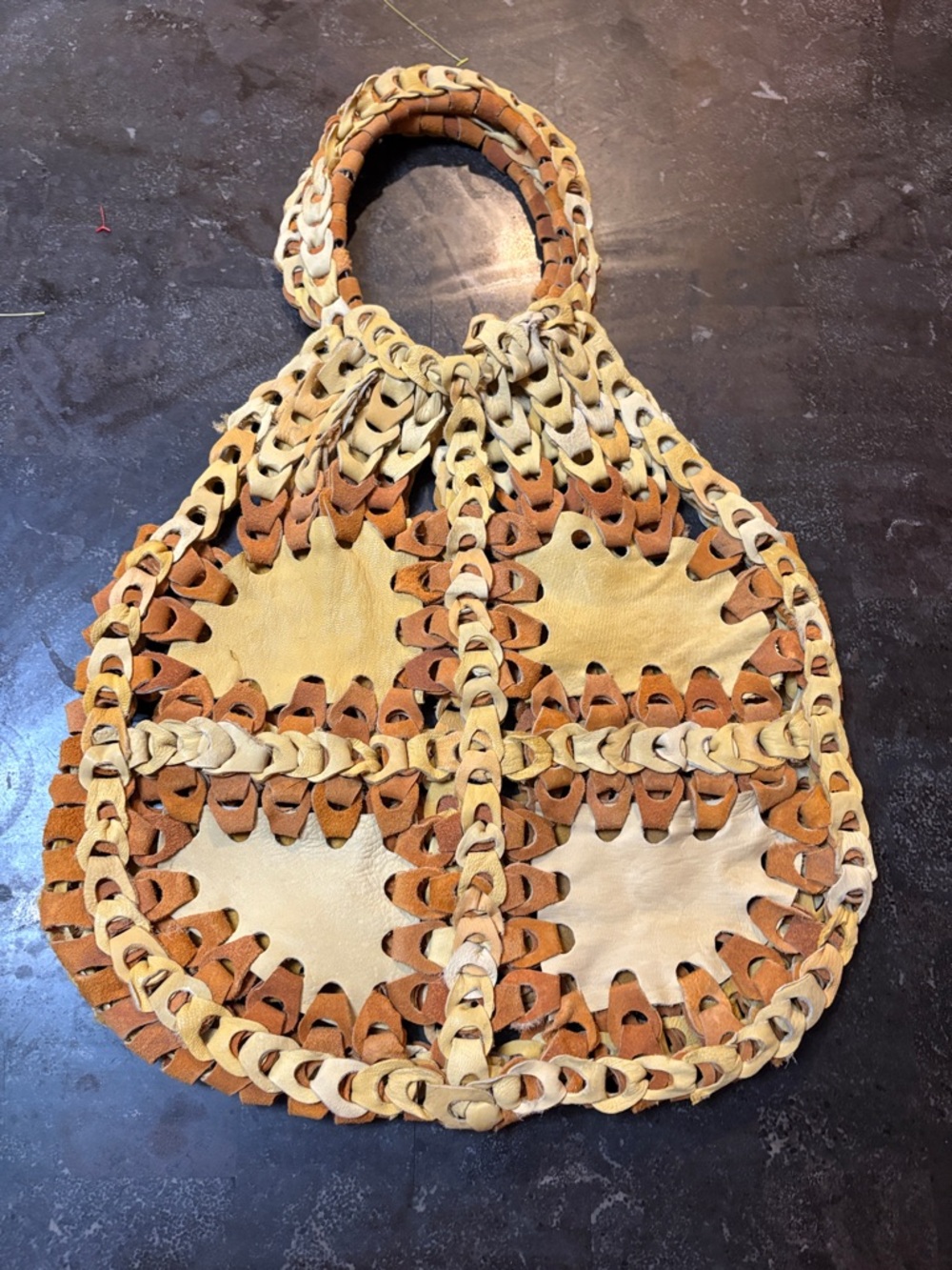 Pre-loved Vintage Woven Leather Tote Bag in Tan and Cream